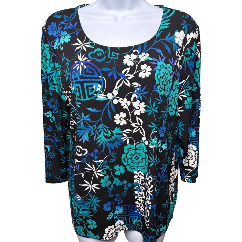 CHICO'S Womens Black Floral Chinoiserie 3/4 Sleeve Top Sz 1/M Flowy Artsy Casual